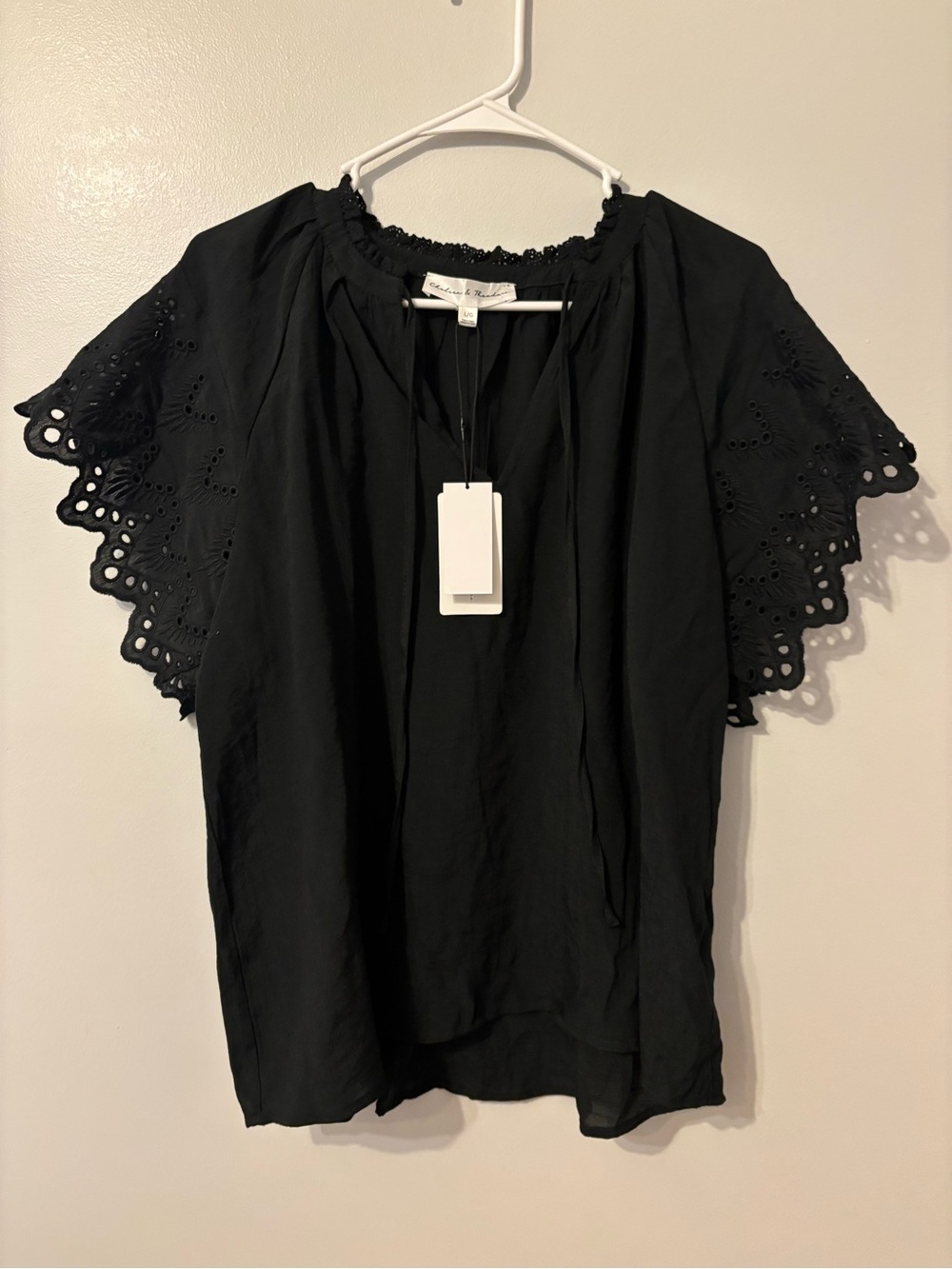 New large Chelsea & Theodore black short-sleeve blouse, eyelet embroidery